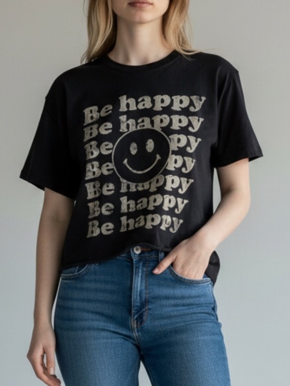 Gray 'Be Happy' Smiley Face Cropped T-Shirt Size S/M Graphic Tee